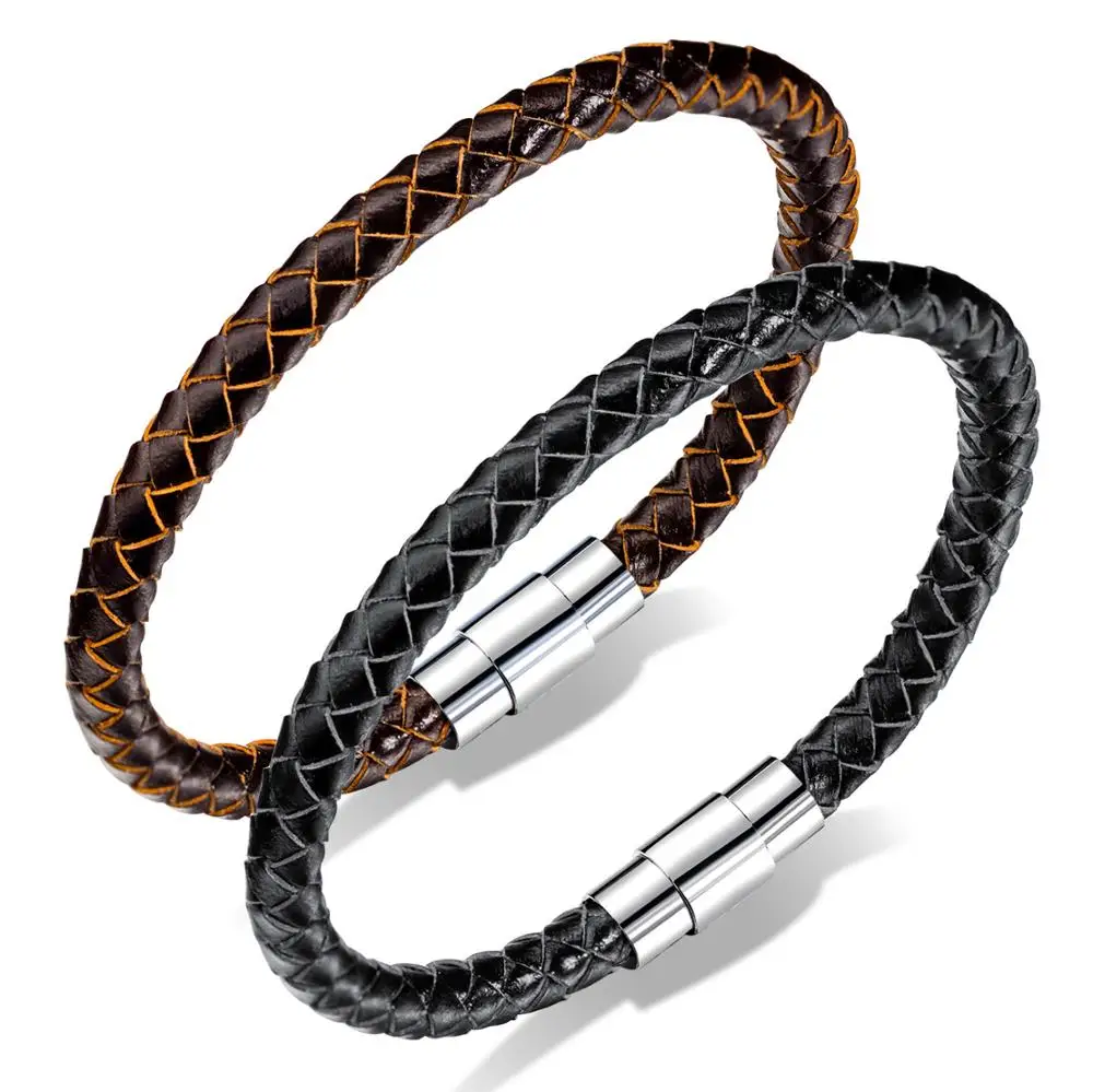 

High Quality Black/Brown Braided Leather Wrap Bracelet With Magnet Clasp Jewelry For Men Stainless Steel Bracelets Wholesale