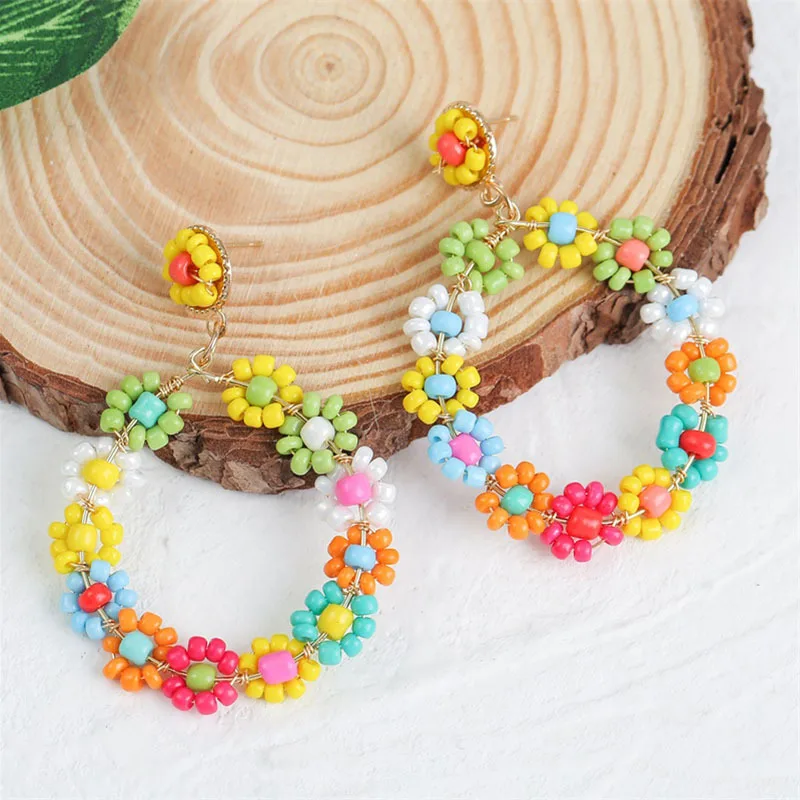 

Korea Flower Hoop Earrings Exaggerate Round Colored Beads Floral Earrings Boho Eleagnt Big Earring 2021 Summer Boho Jewely 2021