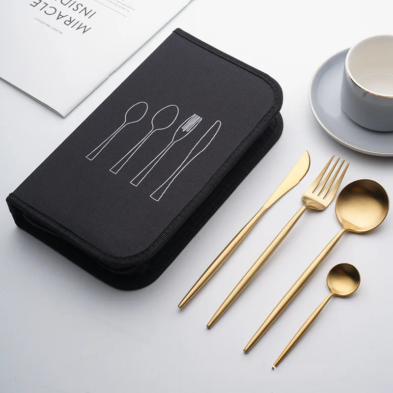 

Luxury Model Round Handle 24pcs Gold Titanium Plating Matt Polish Cutlery Set With Portable Bag Food Grade SUS 304 Flatware, Sliver, gold, black