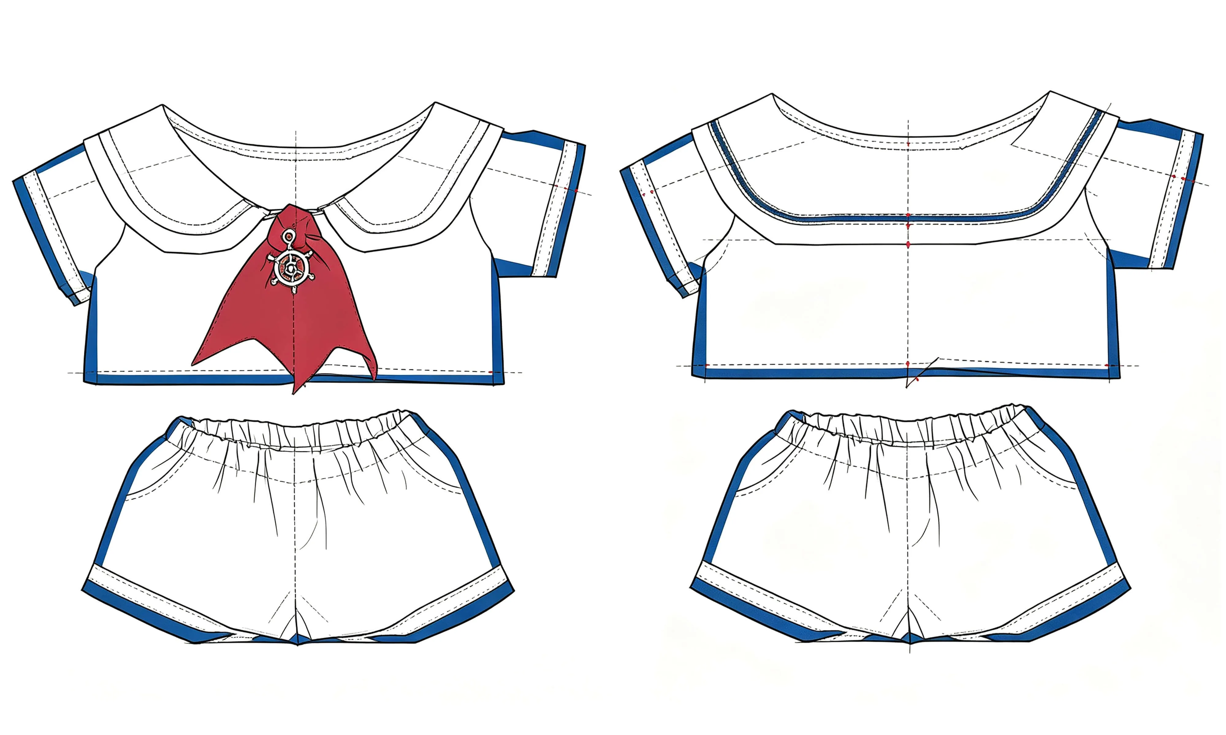 Alternative design flat showing top and shorts variation with ship wheel emblem
