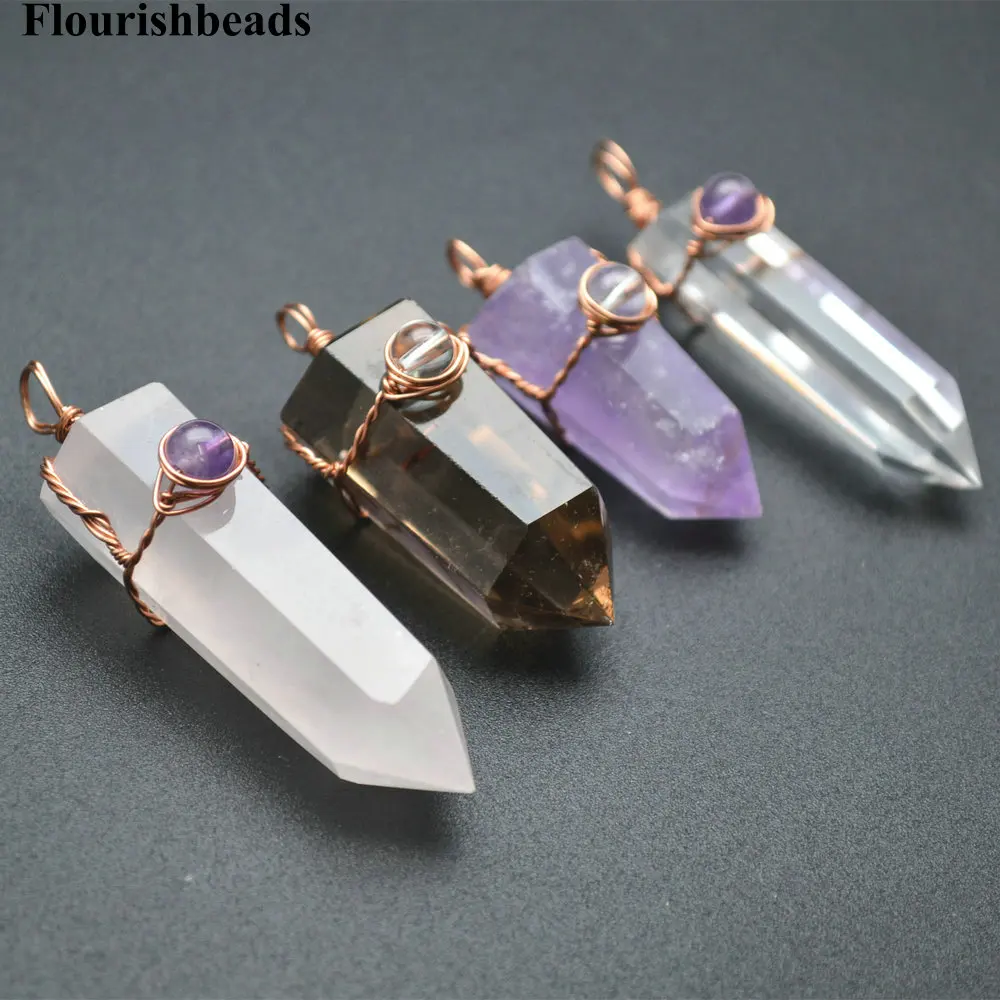 

Natural Crystal / Amethyst / Rose Quartz / Smoky Quartz Chunk Pillar Pendant with Wire Wrapped Fashion Jewelry, Pic