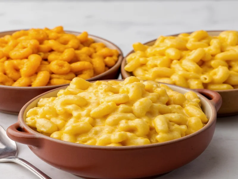 Three variations of homemade mac and cheese sauce in serving bowls