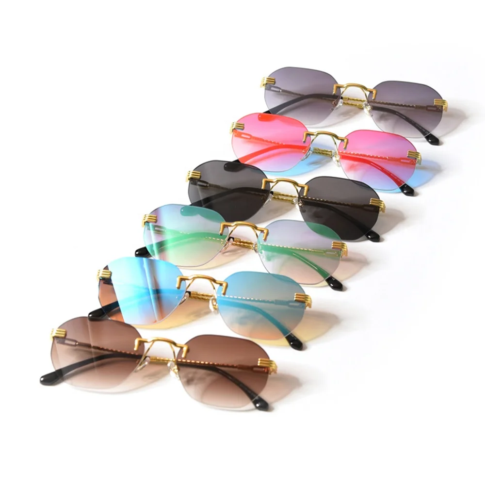 

2021 new arrivals fashion trending gold frame glasses logo customs oval rimless luxury sunglasses for men and women