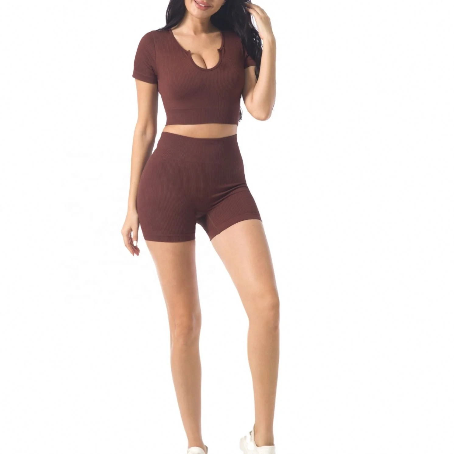 

Hot Sale Amazon Workout Clothing Vest Sexy Sport And Yoga Wear Short Two Piece Gym Breathable Seamless Set, Customized colors
