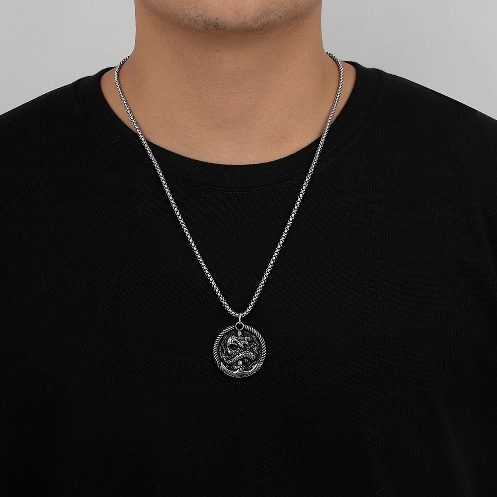 

NEULRY Hip Hop Fashion Retro Punk Anchor Octopus Men Jewelry Stainless Steel Chain Necklace, Silver