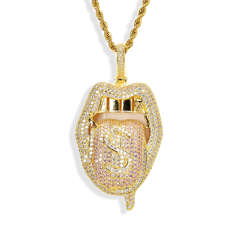 

2021 New Style Hip Hop Dollar Lips Tongue Pendant Personality Zircon Men's Rap Hip Hop Necklace