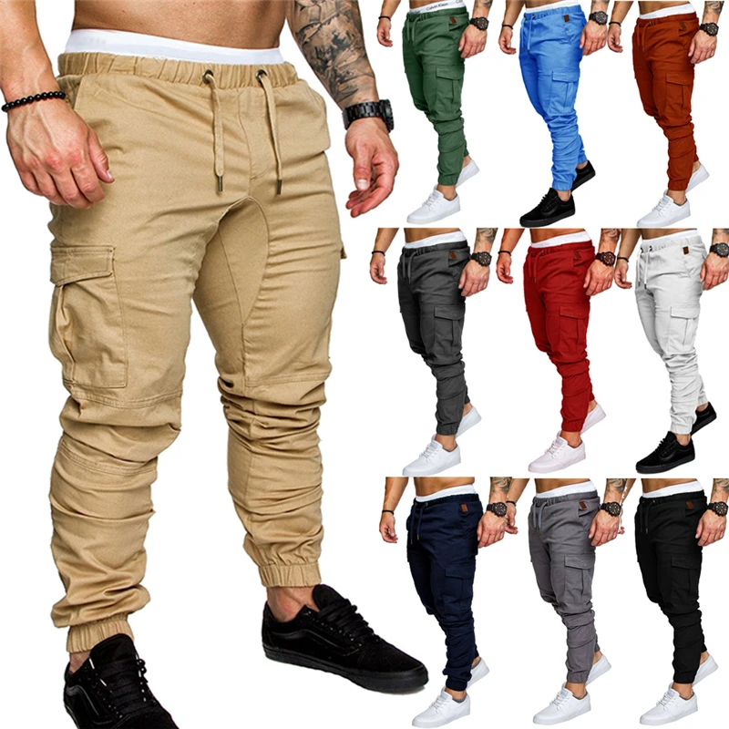 

In Stock Male Drawstring Jogger Pants Workwear Multi-pocket Trousers Woven Fabric Casual Trousers Man Drawstring Pants, Multicolored