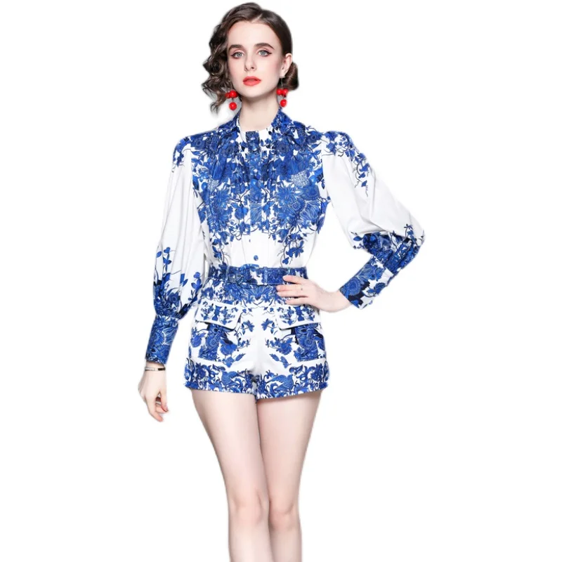 

2021 Manufacturer's new products waist shorts print irregular lantern sleeves women's sexy two-piece shirt, Blue