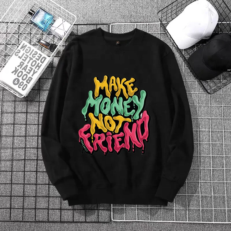 

New Style Cotton Women Sweatshirt Black Girl Make Money Not Friends Oversized Crew Neck Printed Sweatshirt, Black white pink gray blue