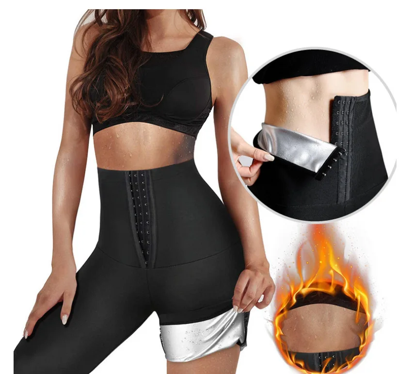 

women high waist tummy control compression sweating workout long pants slimming sauna sweat body shaper trainer corset leggings, Black