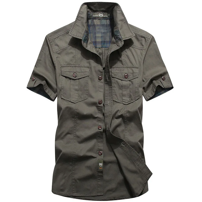 RNSHANGER New Men Summer Short Sleeved Shirts Multi Pockets High Quality Male Cotton Outdoor Casual Solid Color Male Shirts