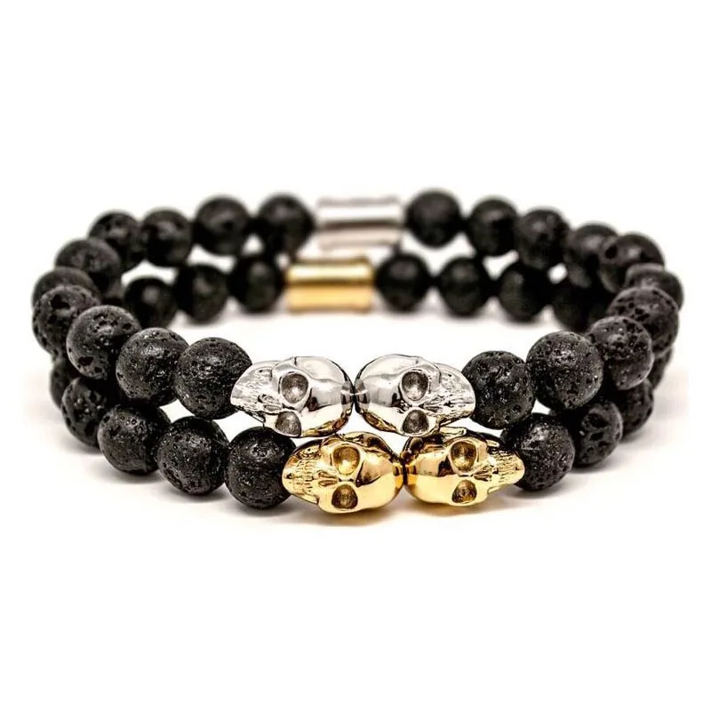 

New designs 8mm natural volcanic stone beads elastic beaded bracelets skull punk men's bracelet, Customized colors