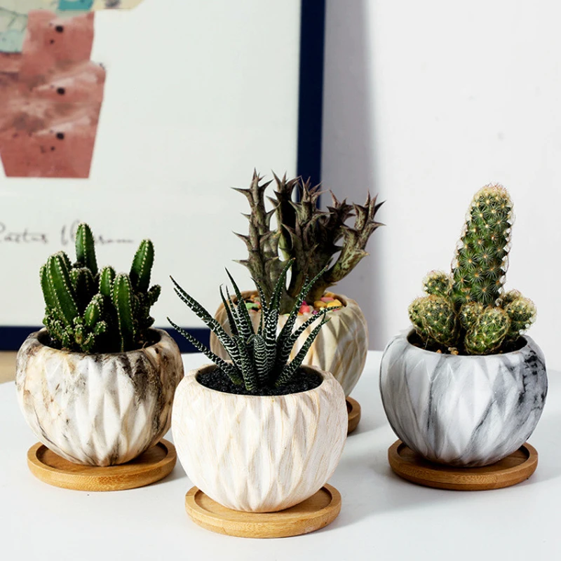 

Unique Marble Style Garden Planter Plant Pot Small Flower Pot With Bamboo Tray, Marble pattern