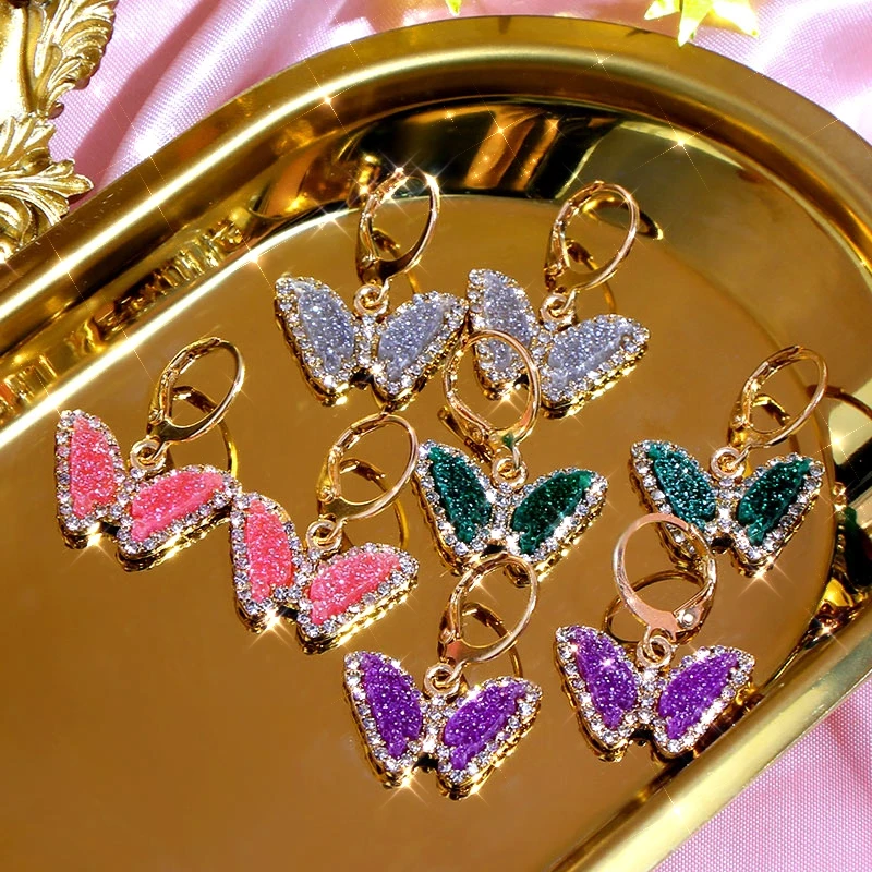 

Korea Sweet Fashion Jewelry Cute Colorful Wings Insect Dangle Earrings For Women Shiny Rhinestone Butterfly Drop Earrings, 4 colors