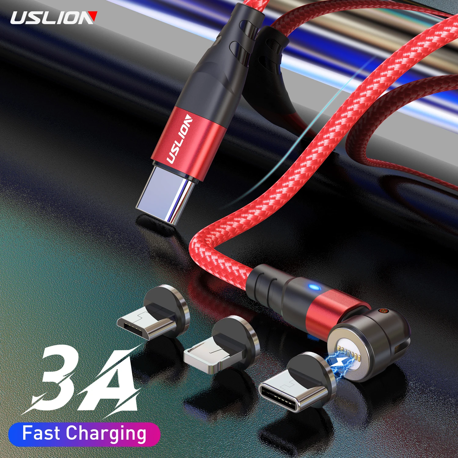 

USLION 3 in 1 1M 2M PD60W 3A 540 Degree Rotating Magnetic Cable Charger USB Type C Data Cable for Huawei Mate P50 40 30 Pro