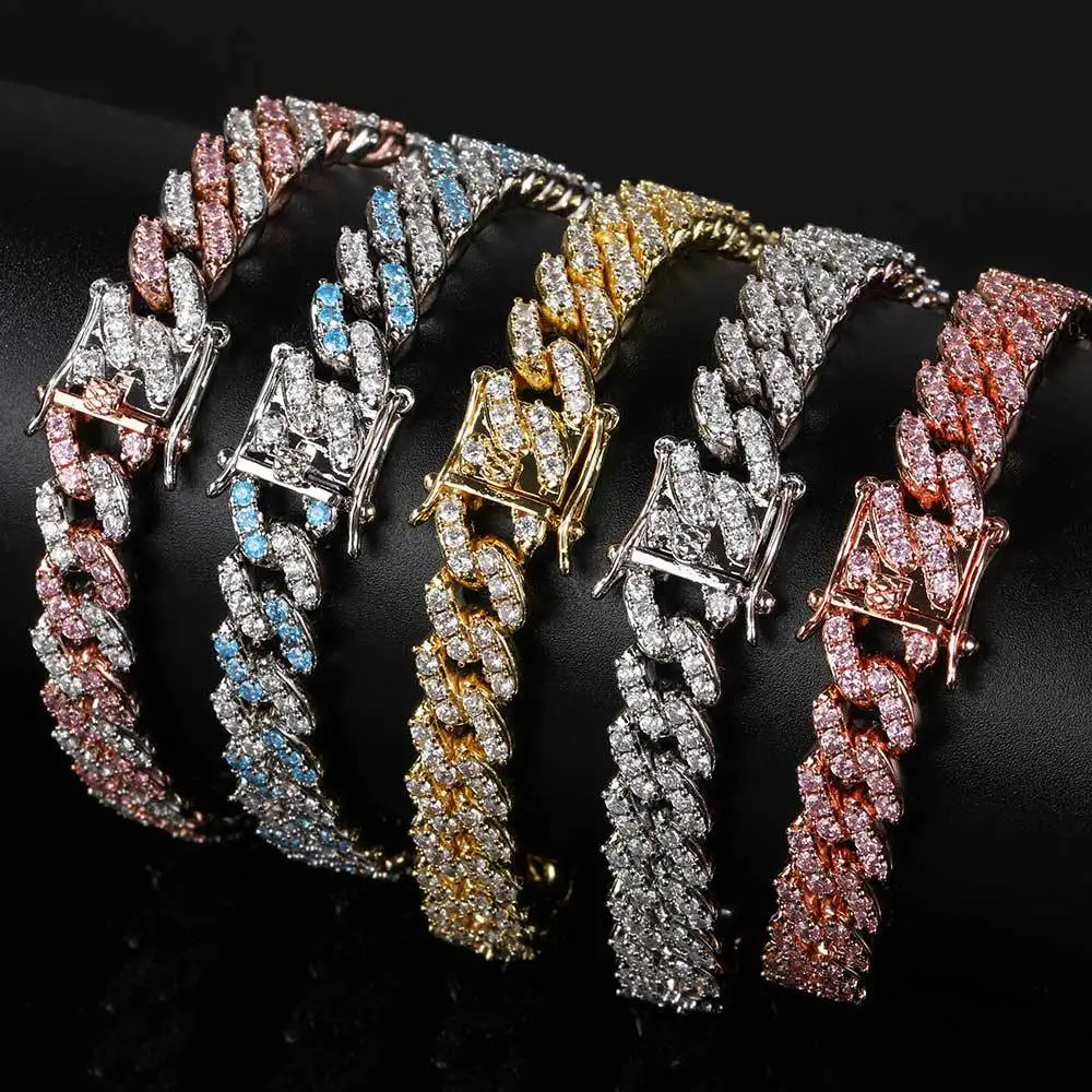 

Amazon Best Selling 18k Real Gold Plated Miami Cuban Chain Bracelet 9MM Colorful Iced Out CZ Cuban Link Chain Hip Bracelet