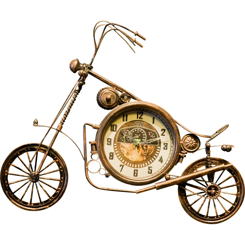 

2021 new arrival wrought iron wall clock mute bronze watch industrial style retro motorcycle airplane shape clock, Gold