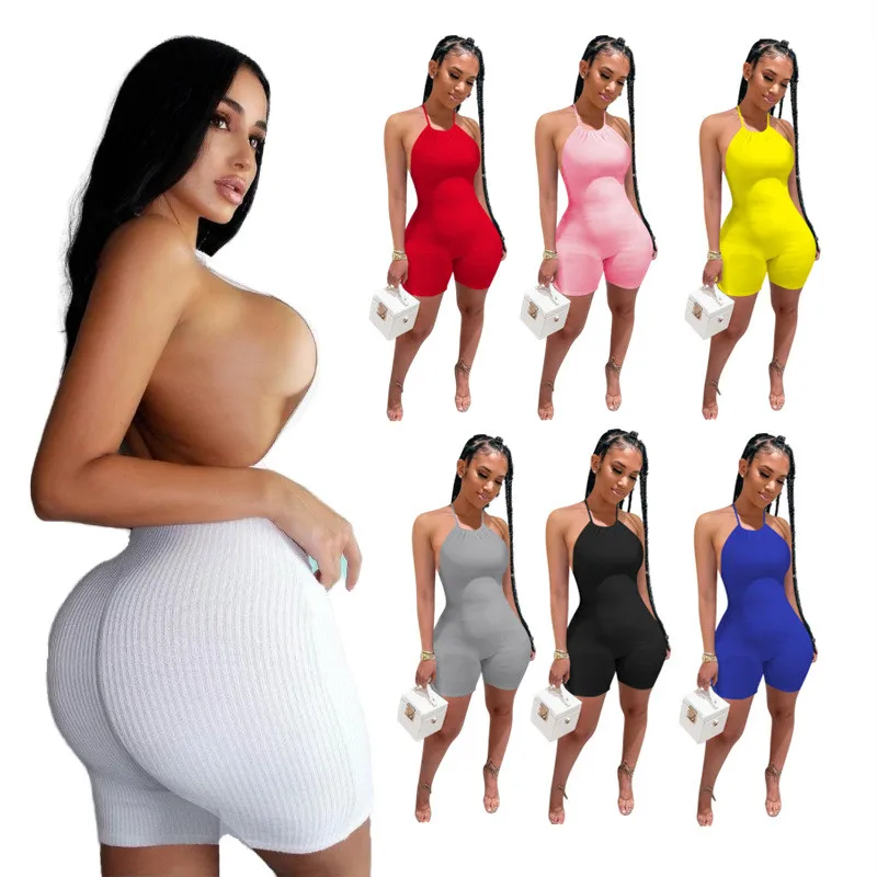 

Halter romper sexy solid color backless rib sling one piece womens white bodysuit, 7colors, also can make as your request