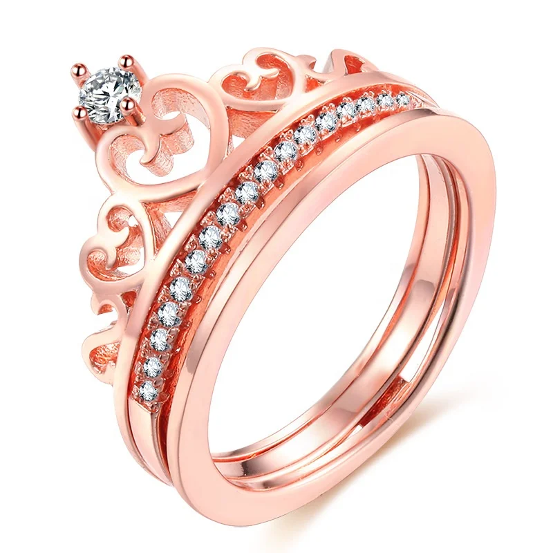 

New Fashion Rose Gold Color zircon double-layer crown ring combination zircon crown ring female ring