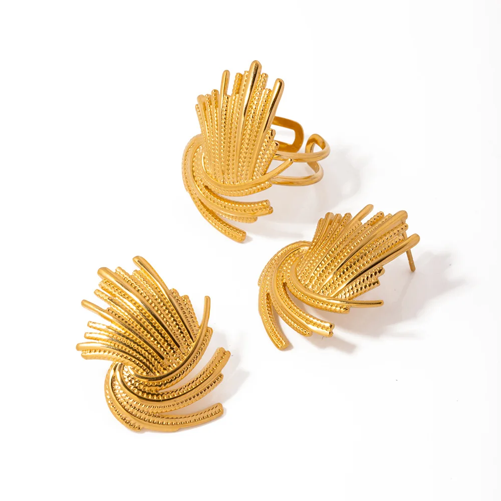 

ERESI New Design PVD Gold Plated Stainless Steel Weave Rotate Stud Earrings Rings Sets For Women Fashion Irregular Earrings