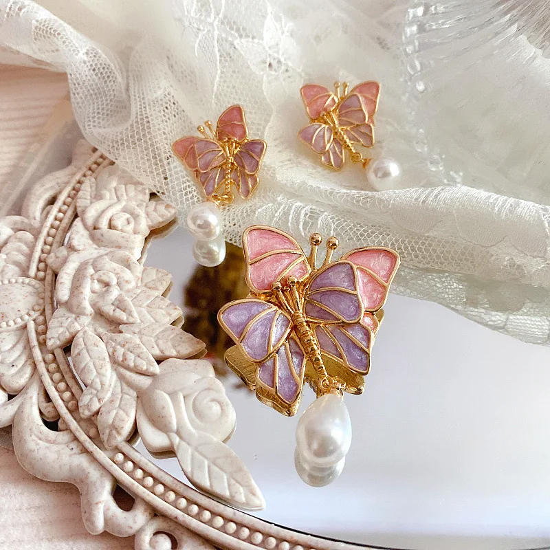 

New Style Wholesale Retro Literary Simple Butterfly Oil Drip Enamel Brooch S925 Silver Stud Earrings Exquisite Earrings