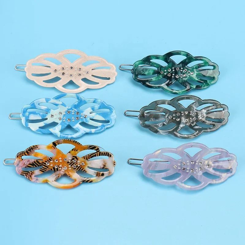 

Chinese Antique Hollow Safety Buckle Design Hair Clips Cellulose Acetate with Rhinestones Hair Clips for Women