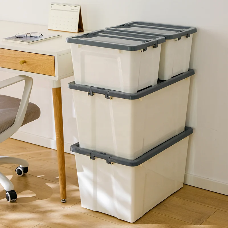 

Plastic stackable storage container organizer with lids wheels, Multicolor,ivory box+grey lid in stock