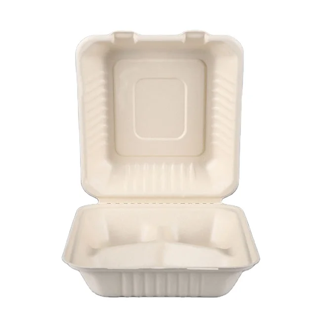 

PFAS Free Disposable Bagasse Paper Pulp Lunch Box Food Boxes Takeaway Packing Biodegradable 9"*9" 3 Compartment Food Container