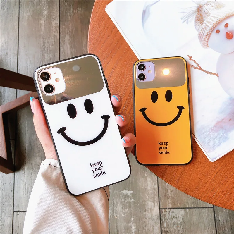 

Hot Sale Smile Face Hard Tempered Mini Makeup Mirror Phone Case for iPhone 7 8 X XS XR 11 Simplicity Phone Cover, Multiple