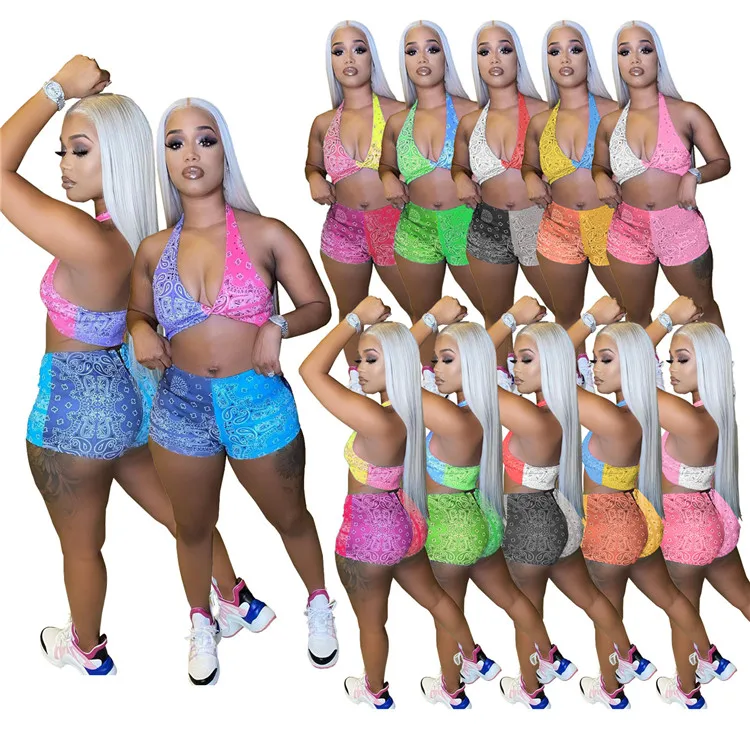 

2021 Summer Women Bandana Outfit Breathable printed Two Piece Jogging Sets Clothing Woman Biker Ladies Short Two Piece Set