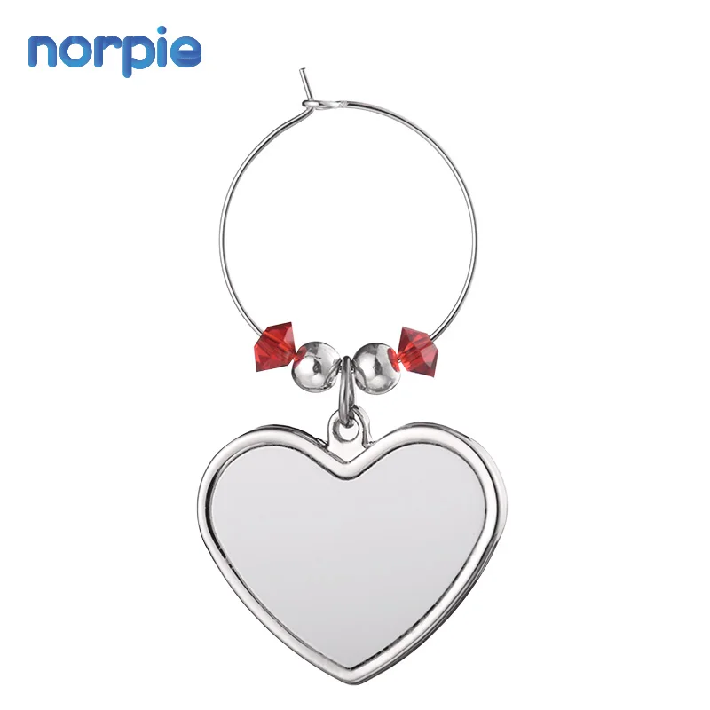 

Custom Sublimation Heart Shape Metal Wine Glass Ring Charms Tag Ornaments For Christmas Party, White