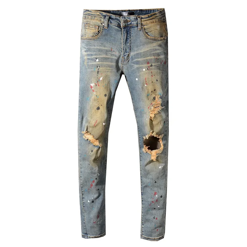 

Factory price blue denim fabrics men disstressed print jeans knee hole ripped crush jeans pants, Picture
