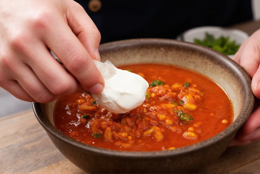 Close-up of hands adding sour cream to a bowl of red chili