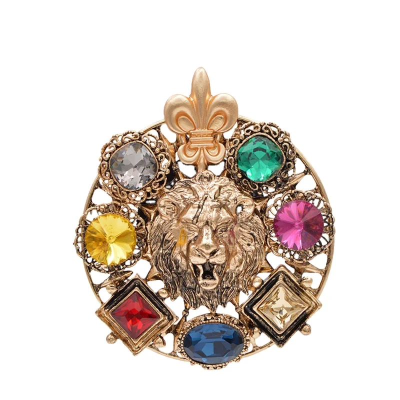 

Crystal Lion Brooches For Women Round King Style Pin Animal Fashion Jewelry Winter Coat Accessories Party