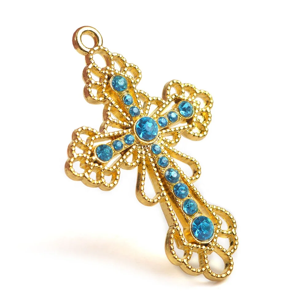 

Golden Alloy Metal Blue Pink Rhinestone  High Quality Religious Jewelry Cross Pendant