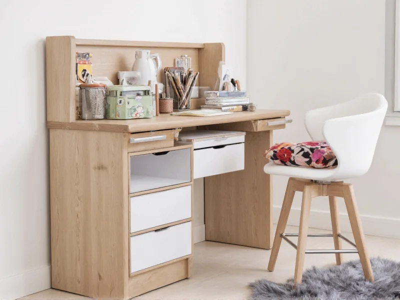 Compact craft table with wall storage maximizing small room