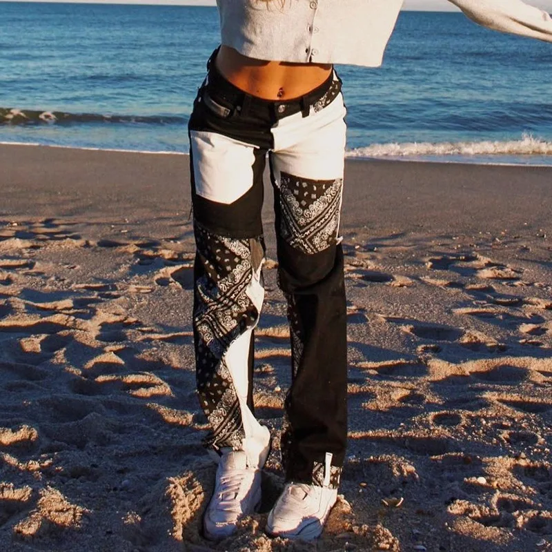 

women's High-waisted jeans in a patchwork of vintage printed fabrics, Picture