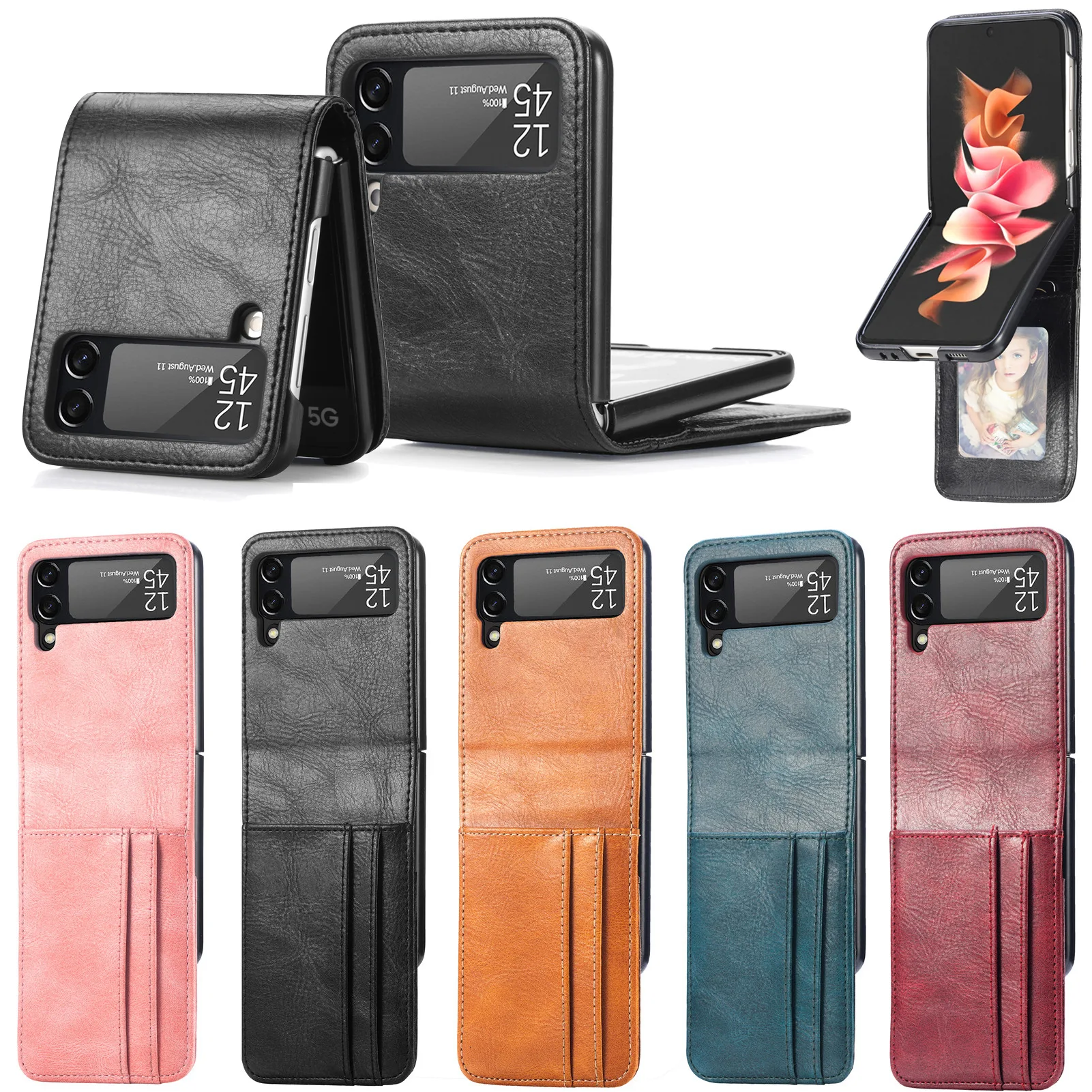 card holder wallet leather case for samsung galaxy z flip 3 flip4 5g flip 4 flip3 anti-slip matte feeling plain phone cover