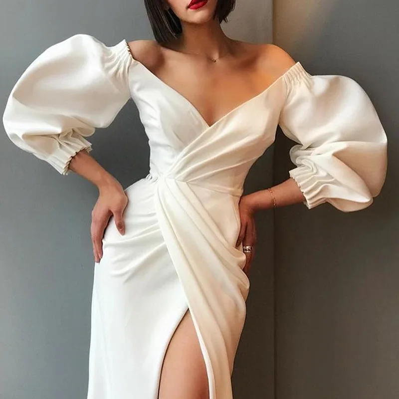 

Sexy v-neck puffed sleeves long-sleeved slit dress quick sale hot web celebrity plus-size women's wear, Shown