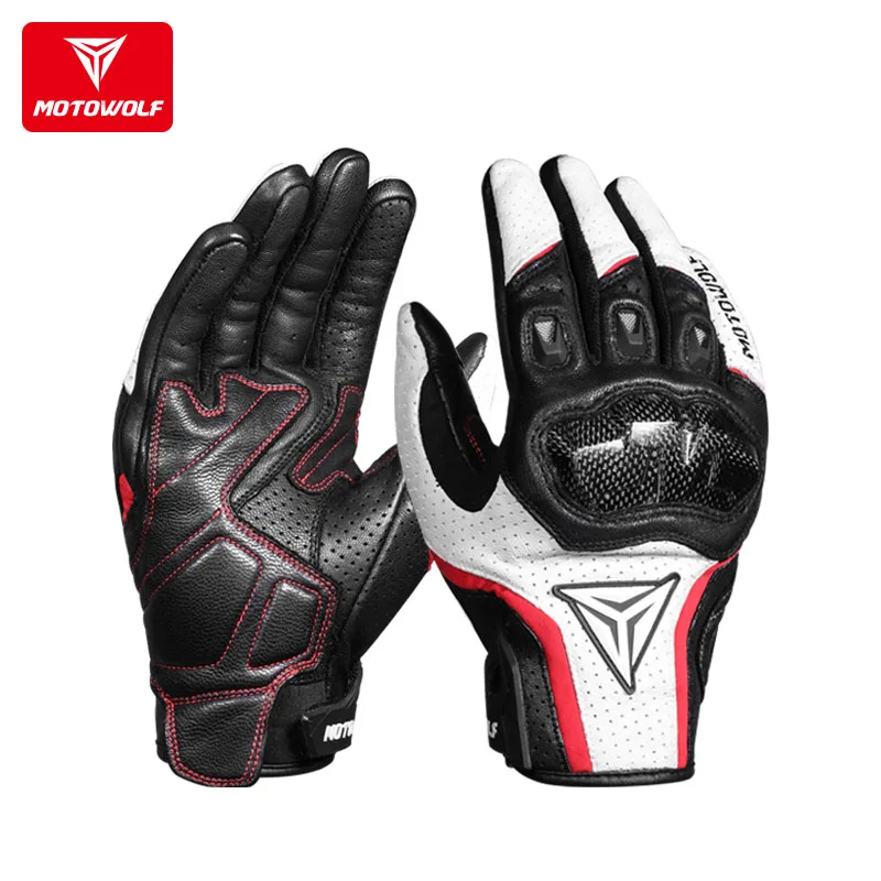 

MOTOWOLF Leather Breathable Motorbike Riding Glove Motorcycle Bike Racing Cycling Gloves With Touch Screen For Men, Black/white/red