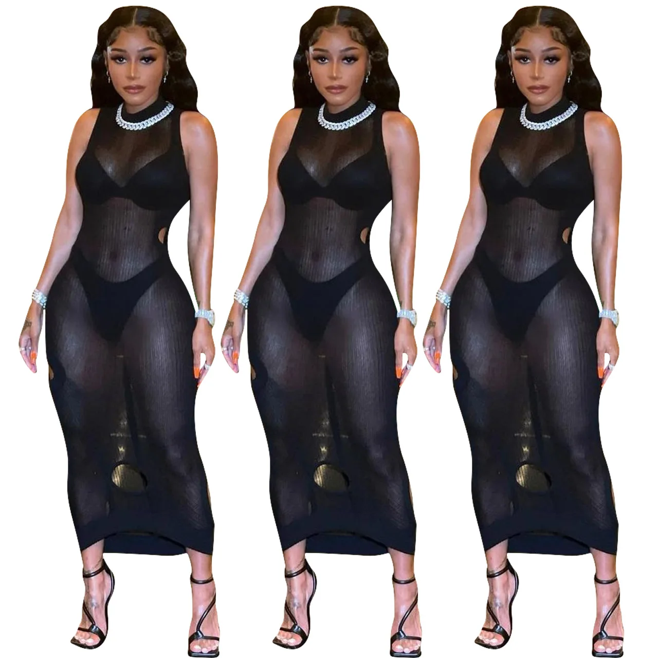 

2021 New arrival women evening party solid color sexy sleeveless transparent hollow out slim fit long nightclub midi dress, Black or customized