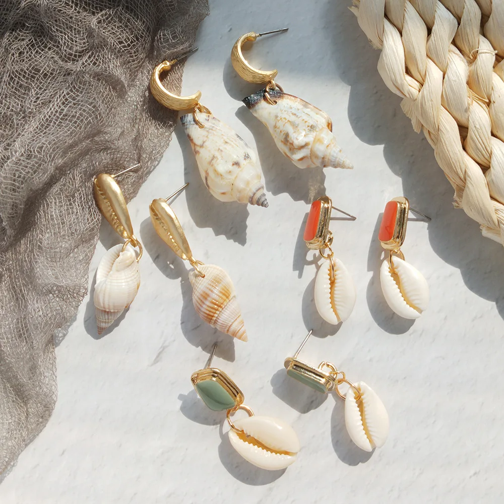 

Boho Beach Ocean Gold Cowrie Shell Drop Earrings Natural Sea Conch Shell Earrings