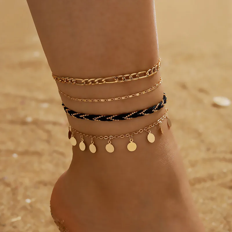 

Gattara Personalized creative metal chain disc tassel wire rope braided anklet 4-piece set anklets women bracelet, As shown in the picture