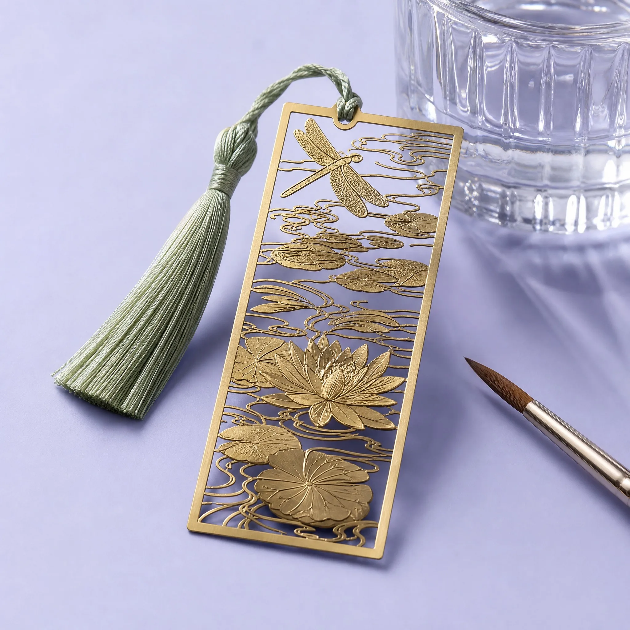 Custom Vintage Antique Brass Laser-Cut Bookmark with Sage Tassel