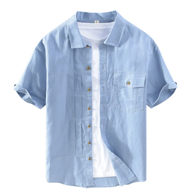 

Stylish men summer shirt casual turn-down collar single chest pocket short sleeve linen cotton men shirt, Multi-colors options