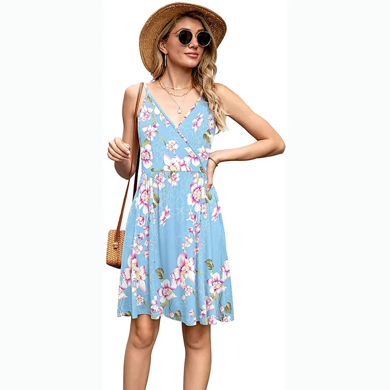 

Wholesale summer fashion floral dress printing V-neck Sexy Women's Plus Size dress open back sleeveless casual dress