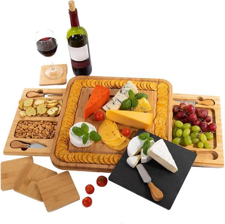 

Wholesale Square Small Bamboo Wood Cheese Board And Knife Set With Drawer