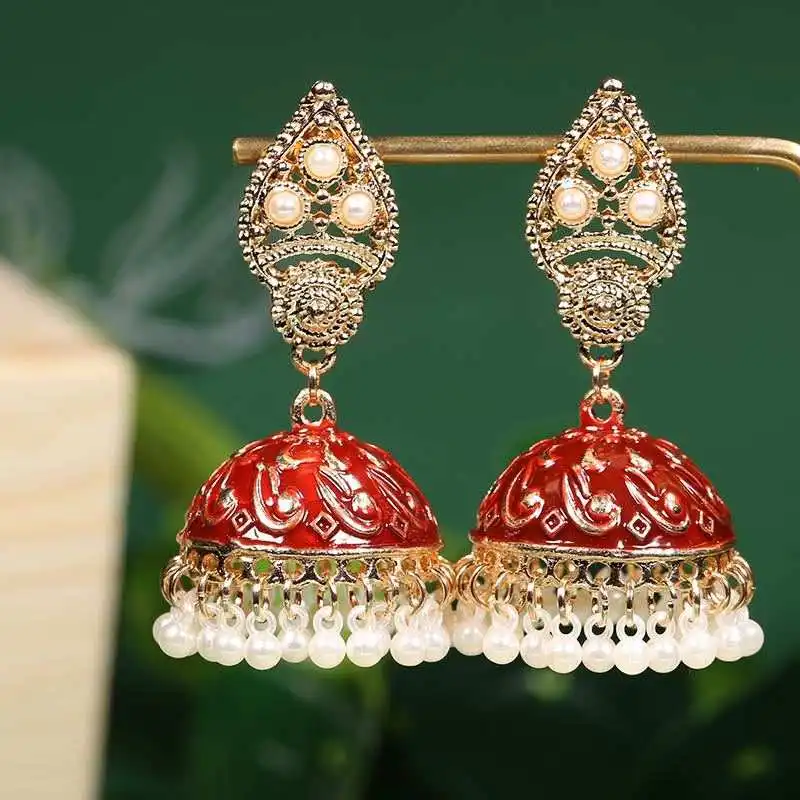 

Wholesale 18k Gold Indian Fashion bell Pearl Earrings Jhumki Jhumka Earring Set Traditional Jewellery, As picture