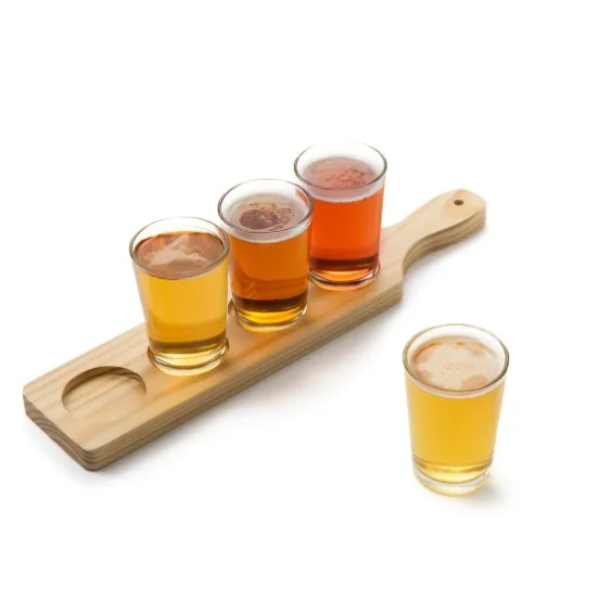 

Beer Tasting Flight Sampler Set 4 - 6oz Pilsner Craft Brew Glasses Paddle and Chalkboard Wood