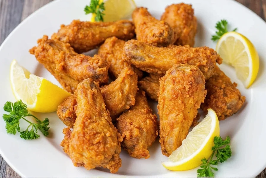 Crispy golden air fryer lemon pepper wings arranged on white plate with lemon wedges and fresh parsley garnish